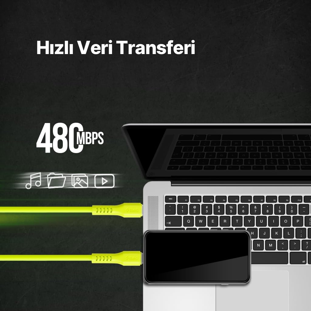 ttec USB-C - USB-C 120cm 60W PD/QC Hızlı Şarj/Data Kablosu Neon 2DK59N (Neon Sarı)