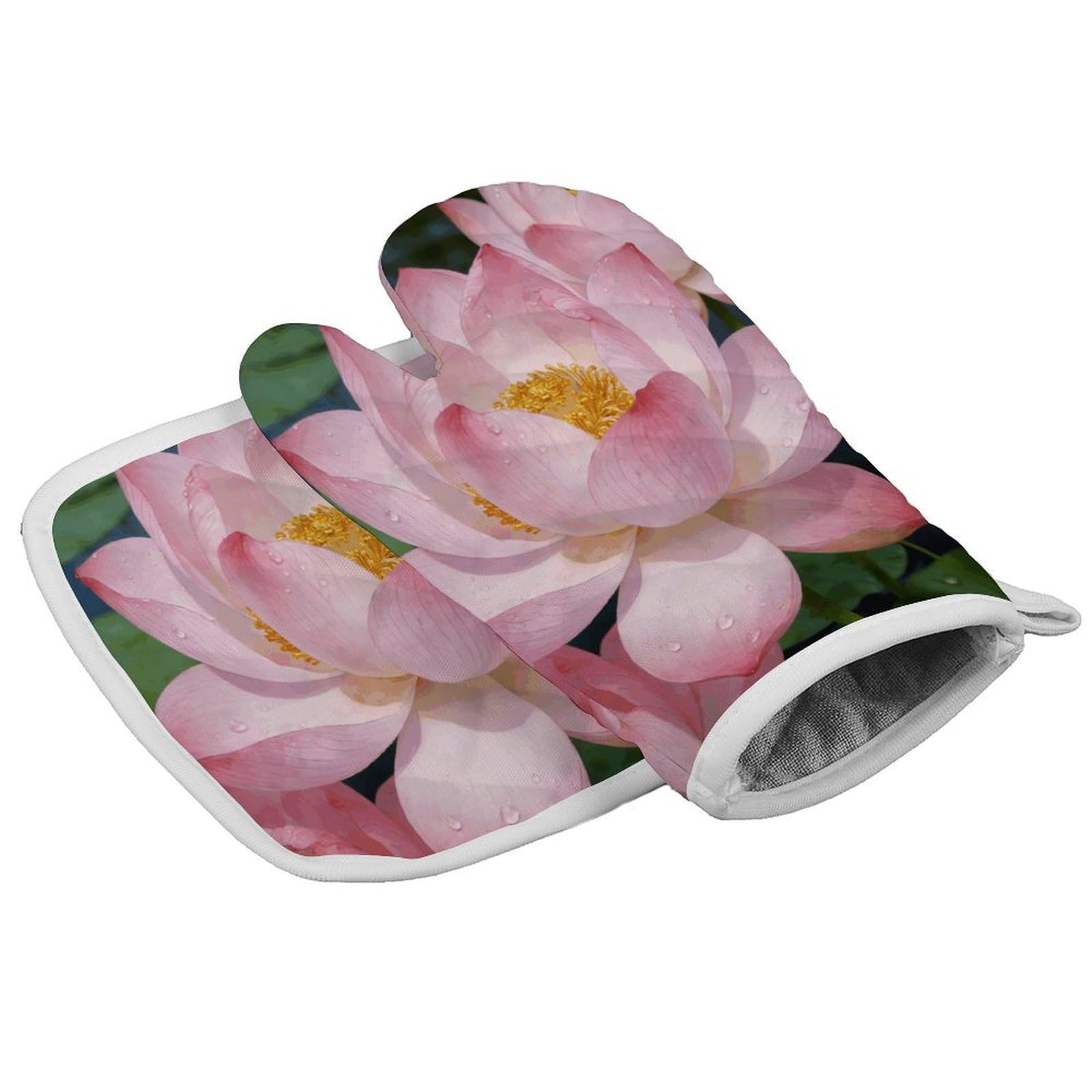 Fodpand Style Clear Lotus With Dew Oven Mitt Set With Lanyard, Cooking Mitt, Protective Thermal Insulation,Kitchen Mitt For Baking, Cooking, Grilling, Microwave