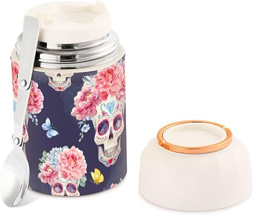 MCHIVER Skull Peony Flowers Food Jar with Spoon Stainless Steel Vacuum Insulated Food Container 17 oz Food Thermos for Adults