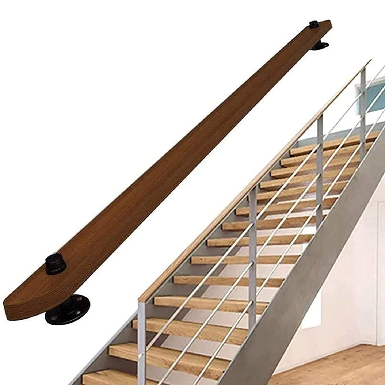 Rampe d'escalier en bois massif de 1 à 20 pieds avec supports en fer noir