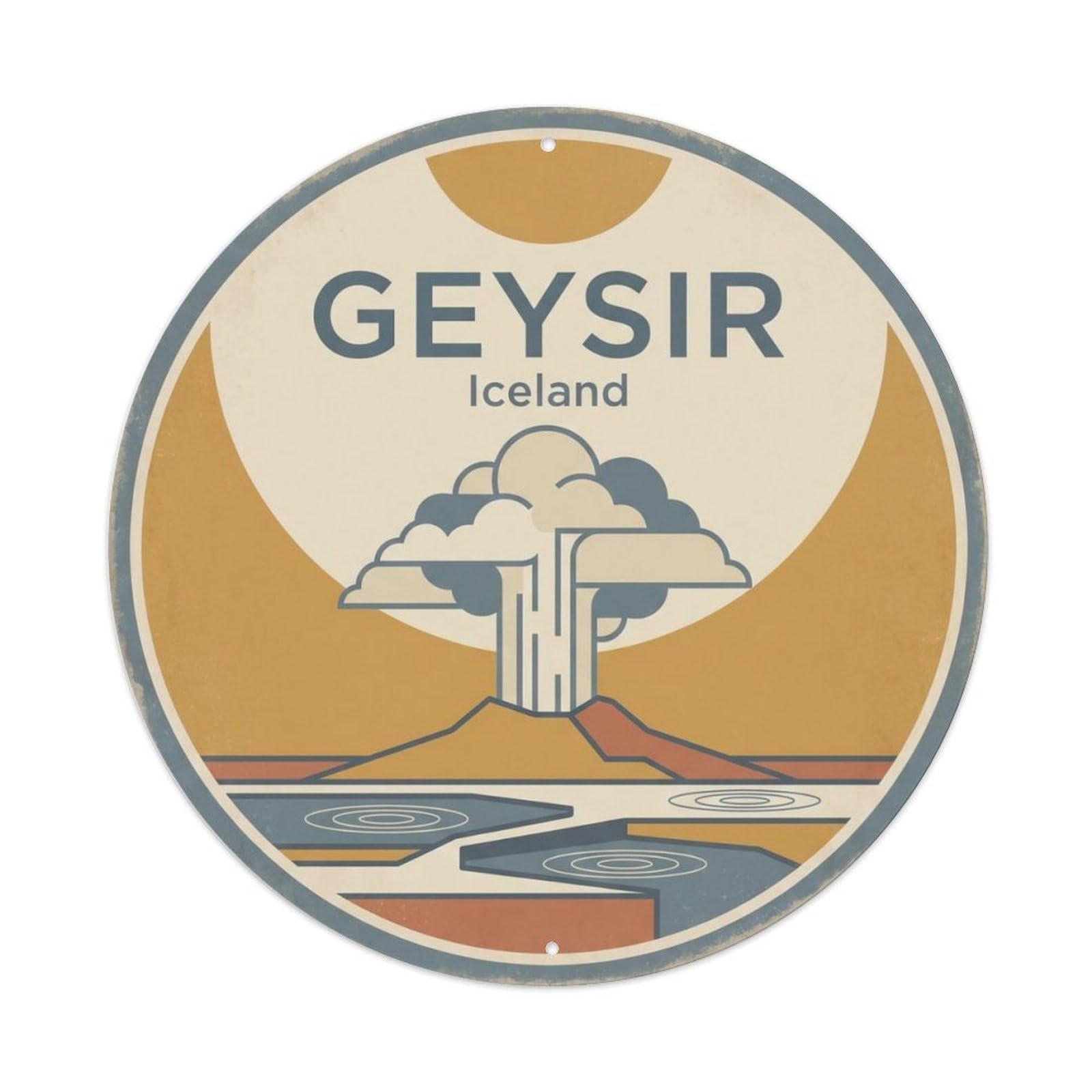 Vintage Travel Geyser Iceland Geothermal Metal Tin Sign Plaque Wall Decor for Cafe, Club, Garden Round Metal Poster 8x8Inch
