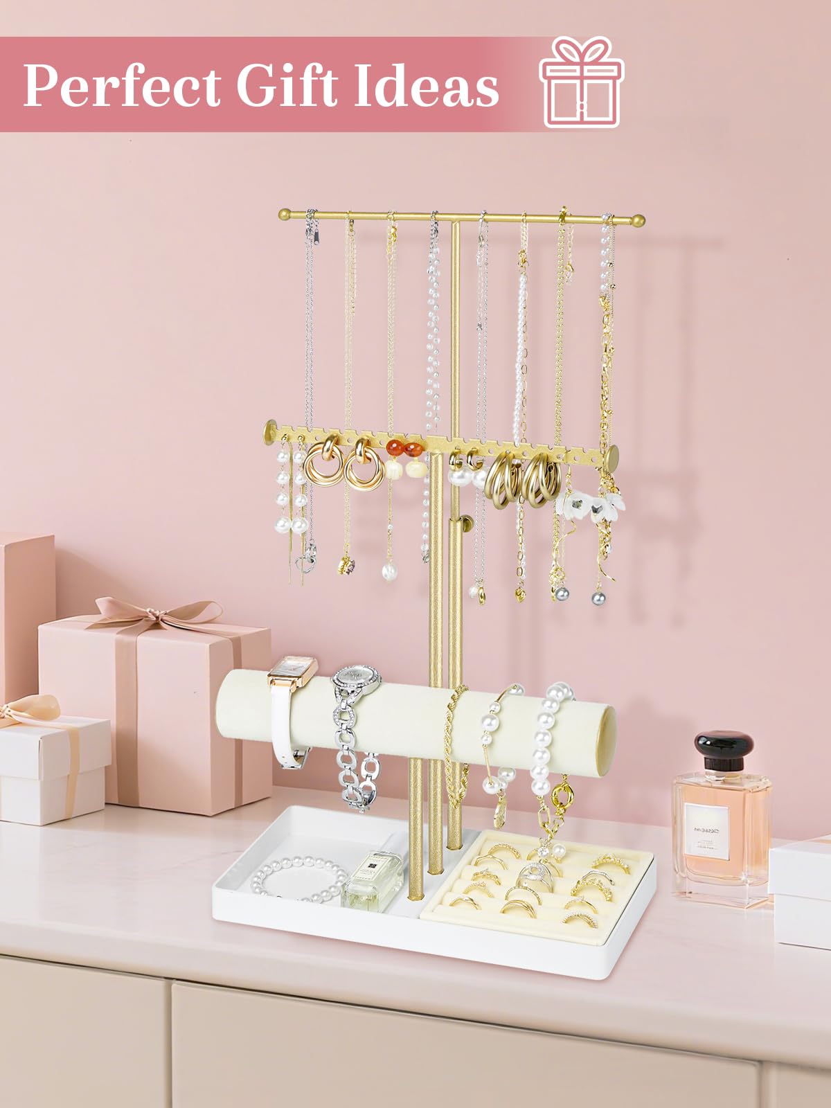 Jenseits Jewelry Organizer Stand Necklace Holder Organizer, 3-Tier Earrings Organizer w/Bracelet Storage Display & Velvet Ring Tray, Cute Metal Aesthetic Jewelry Tower Rack for Women Girls - Gold