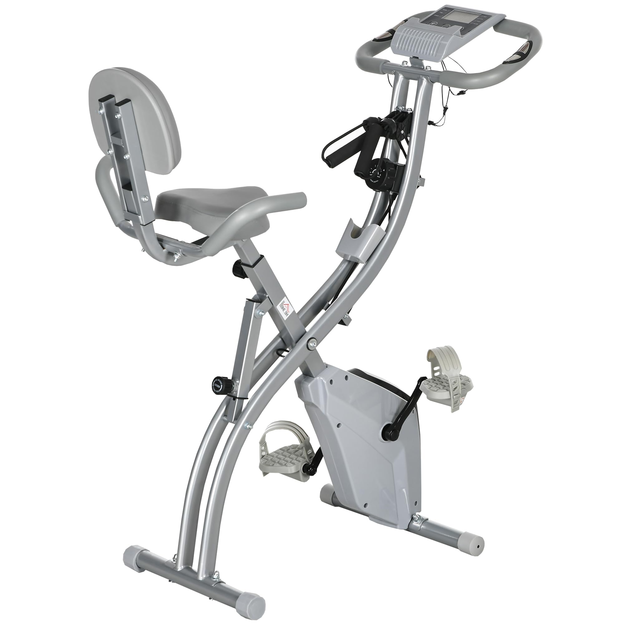 HOMCOM Vélo d'Appartement Pliable 4-​en-​1 - Ergomètre Magnétique Silencieux avec Cordes de Résistance - Sport Maison et Cardio-​training avec Roulettes, Selle Confort et LCD (Max 120kg), Gris Argenté