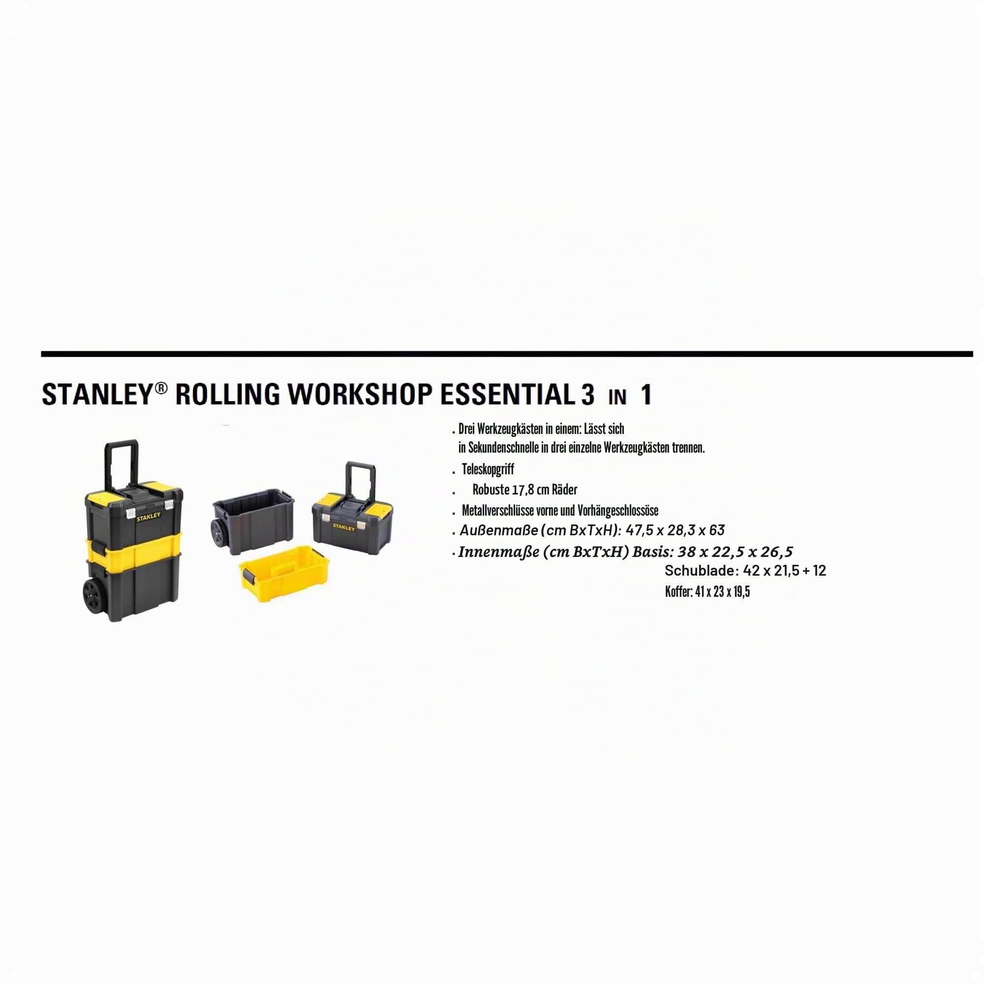 STANLEY Essential Rollende Werkstatt (3-in-1 stapelbare Boxen, leerer Werkzeugkasten, belastbar bis zu 20kg, mit Metallverschlüsse, Organizer für Kleinteile im Deckel) STST1-80151