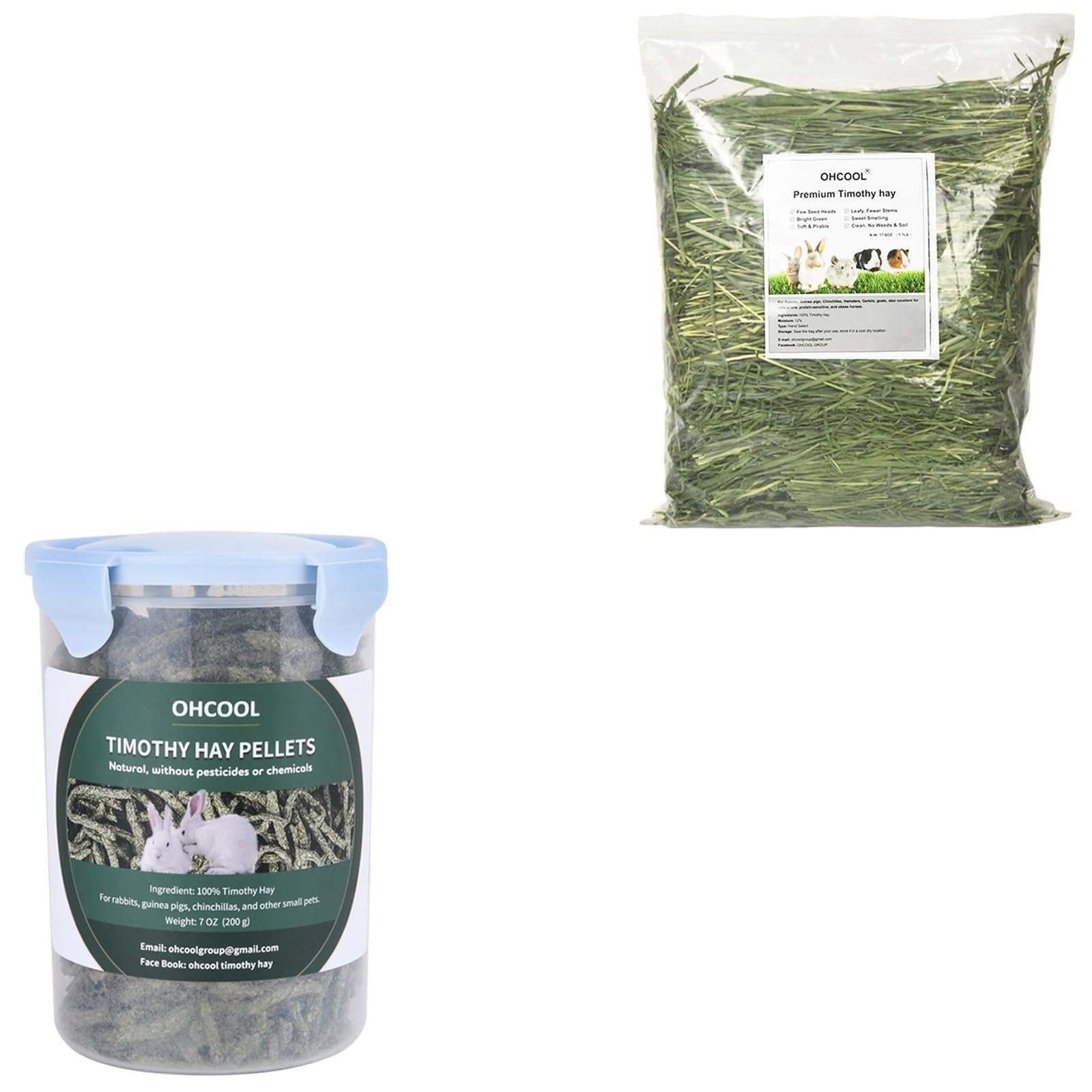 Ohcool Timothy Hay Pellets 7oz and Timothy Hay 1.1LB - for Rabbits Tortoise Guinea Pig
