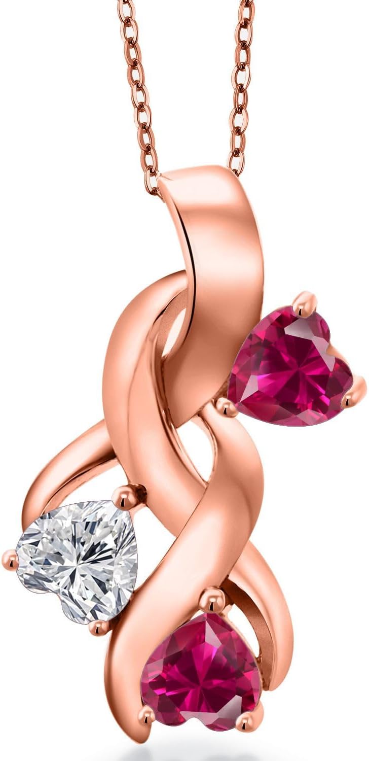 Gem Stone King 18K Rose Gold Plated Silver Lab Grown Diamond and Red Created Ruby Pendant Necklace for Women | 1.64 Cttw | Gemstone April Birthstone | Heart Shape 5MM | With 18 Inch Chain