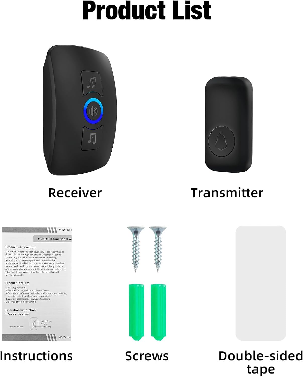 Doorbell Chime, IP55 Water Resistant, 60 Melodies, 5 Levels of Volume, LED Flashing Doorbell, 1000+ Foot Range, for Homes, Offices, Classrooms and Apartments(1 Receivers x 1 Push Buttons)