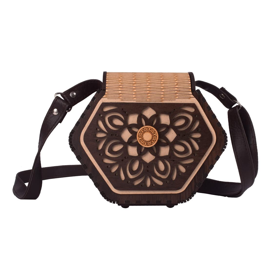 Elegant Wooden Purse Clutch Bag, Laser Cut Floral Mandala Design, Hexagonal Shape, with Leather Shoulder Strap – Stylish Bag for Women-image-8