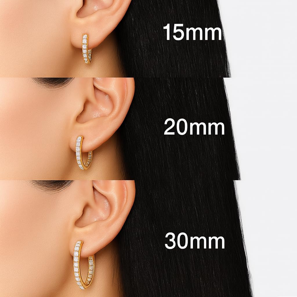 14K Gold Hoop Earrings with Dual-Sided CZ for Women, Hypoallergenic for Sensitive Ears, 15/20/30mm