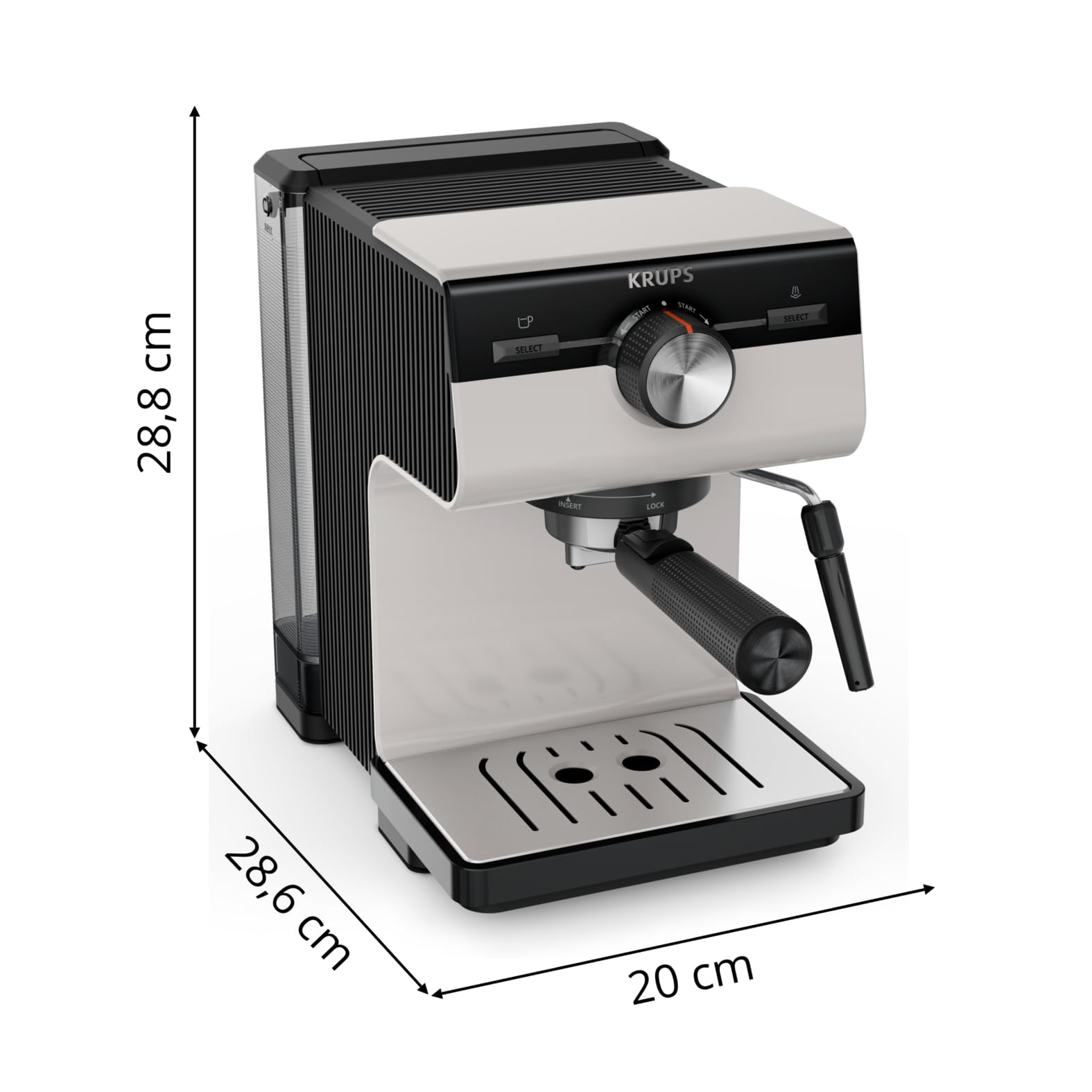 KRUPS XP381B10 Authentic ekspres do kawy, 15 bar, intuicyjna obsługa, system Thermoblock, zintegrowana dysza parowa, łatwe opróżnianie kolby, zbiornik na wodę 2 l, w zestawie filtry, szary/kremowy