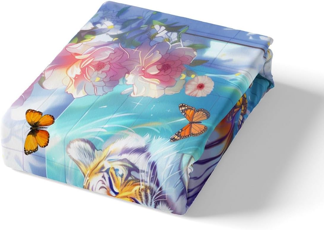 Kawaii Tiger Duvet Cover Sets(NO Comforter),Wild Animals Bathing in Bathtub Comforter Cover for Kids Adults Bedroom Decor,Dreamy Butterfly Flowers Bedding,Rustic Style Quilt Cover,Toddler Size