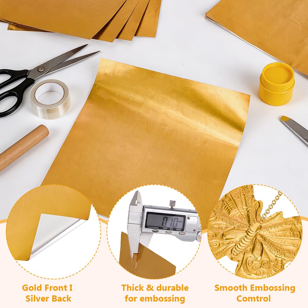 BENECREAT 100 hojas de lámina dorada en relieve de 15 x 15 cm, lámina metálica de aluminio para manualidades, cuadrados de estaño dorado para pintura, grabado, gofrado y proyectos artísticos