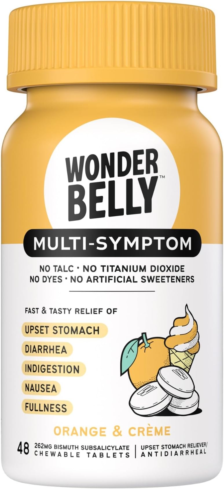 Multi-Symptom Medicine, Anti-Diarrhea & Upset Stomach Relief with Bismuth Subsalicylate, Orange & Crème, 48 Chewable Tablets