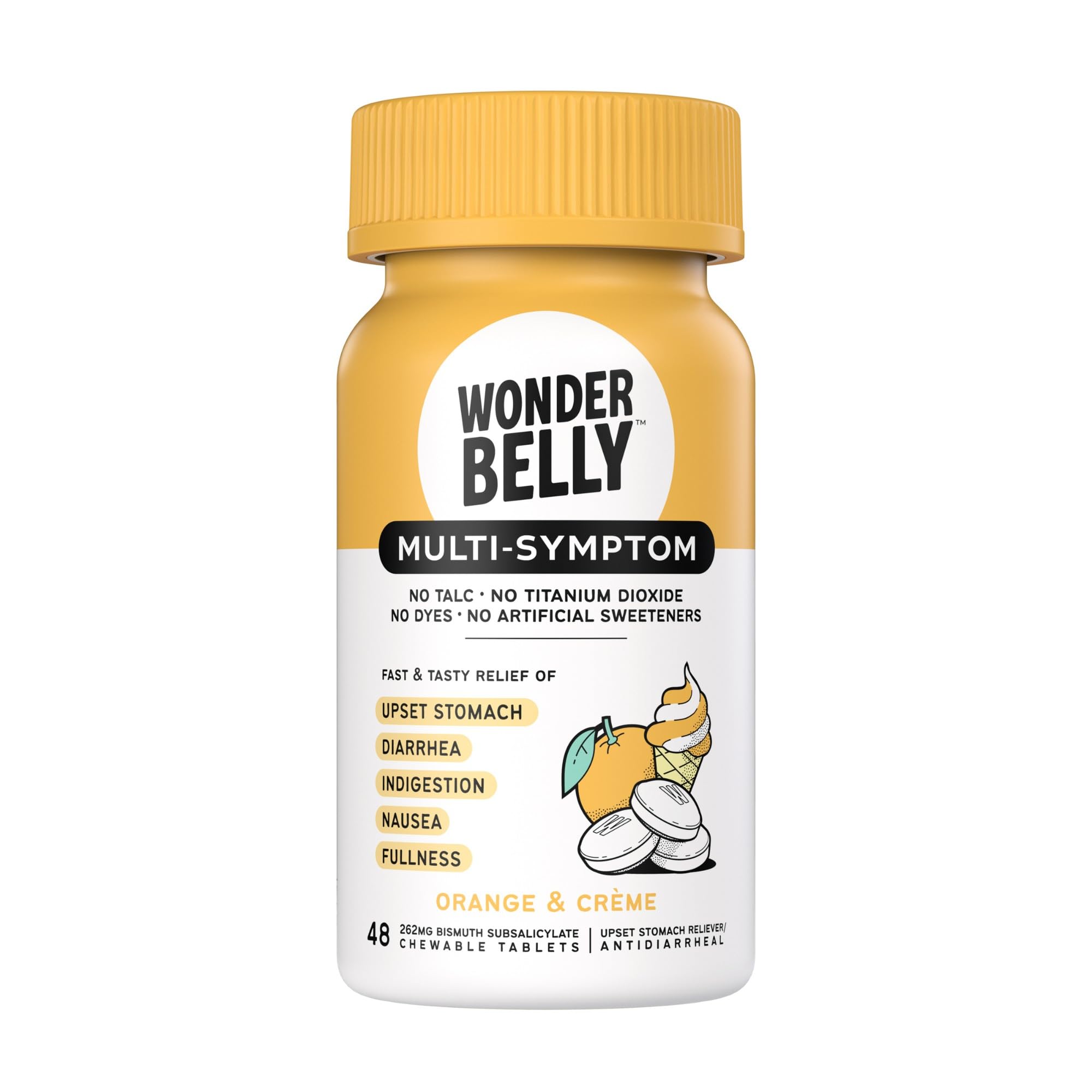 Wonderbelly Multi-Symptom Medicine, Anti-Diarrhea & Upset Stomach Relief with Bismuth Subsalicylate, Orange & Crème, 48 Chewable Tablets