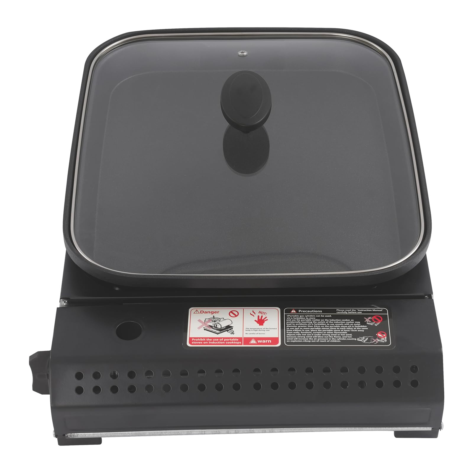 2-in-1 Camping Gasgrill Tragbarer Gaskocher mit Grillplatte und Deckel 2-Flammig Gaskocher für Outdoor Camping und BBQ Butan Grillkocher für Garten, Balkon, 45x30.5x8.5cm (Ohne Griff)