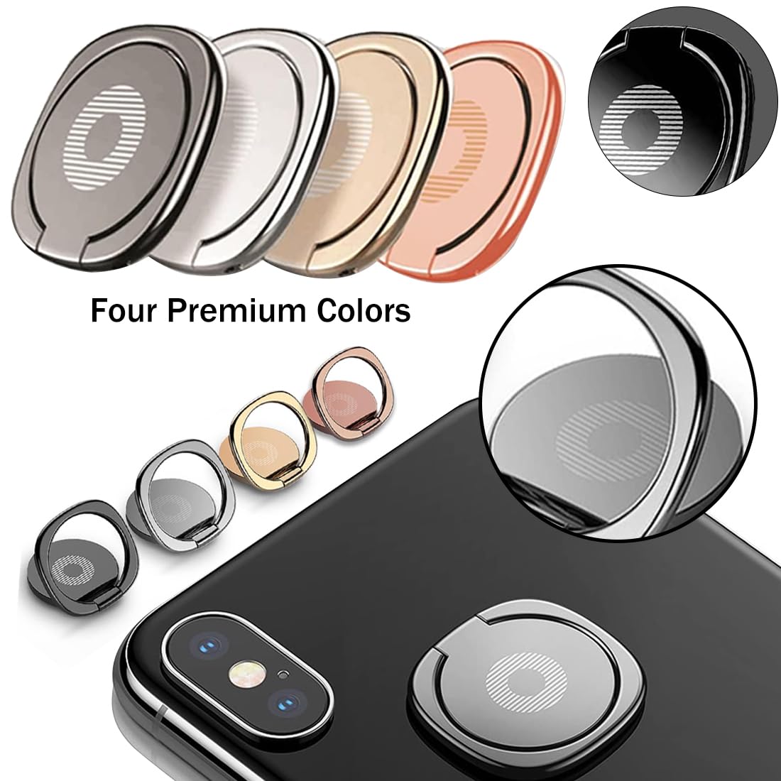4 Pezzi Anello Cellulare con Anello in Metallo, Anello per Cellulare Dito 3mm Ultra Sottile, Anello Supporto Ring Cellulare, Ring Stand Holder per tutti i Smartphone