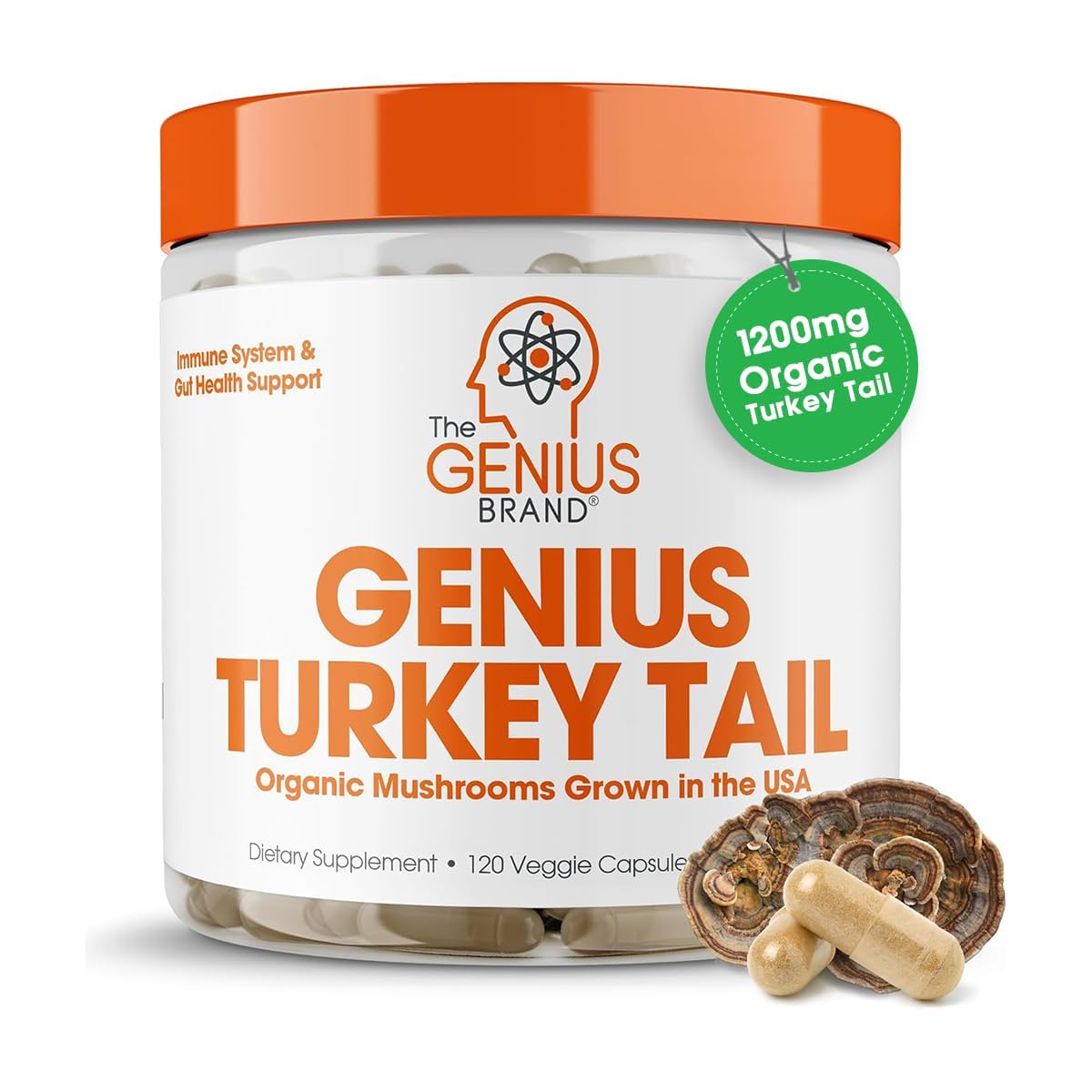 The Genius Brand Genius Turkey Tail - Plant-Based Supplement for Immune, Gut & Antioxidant Support - Organic & Non-GMO - 120 Veggie Capsules