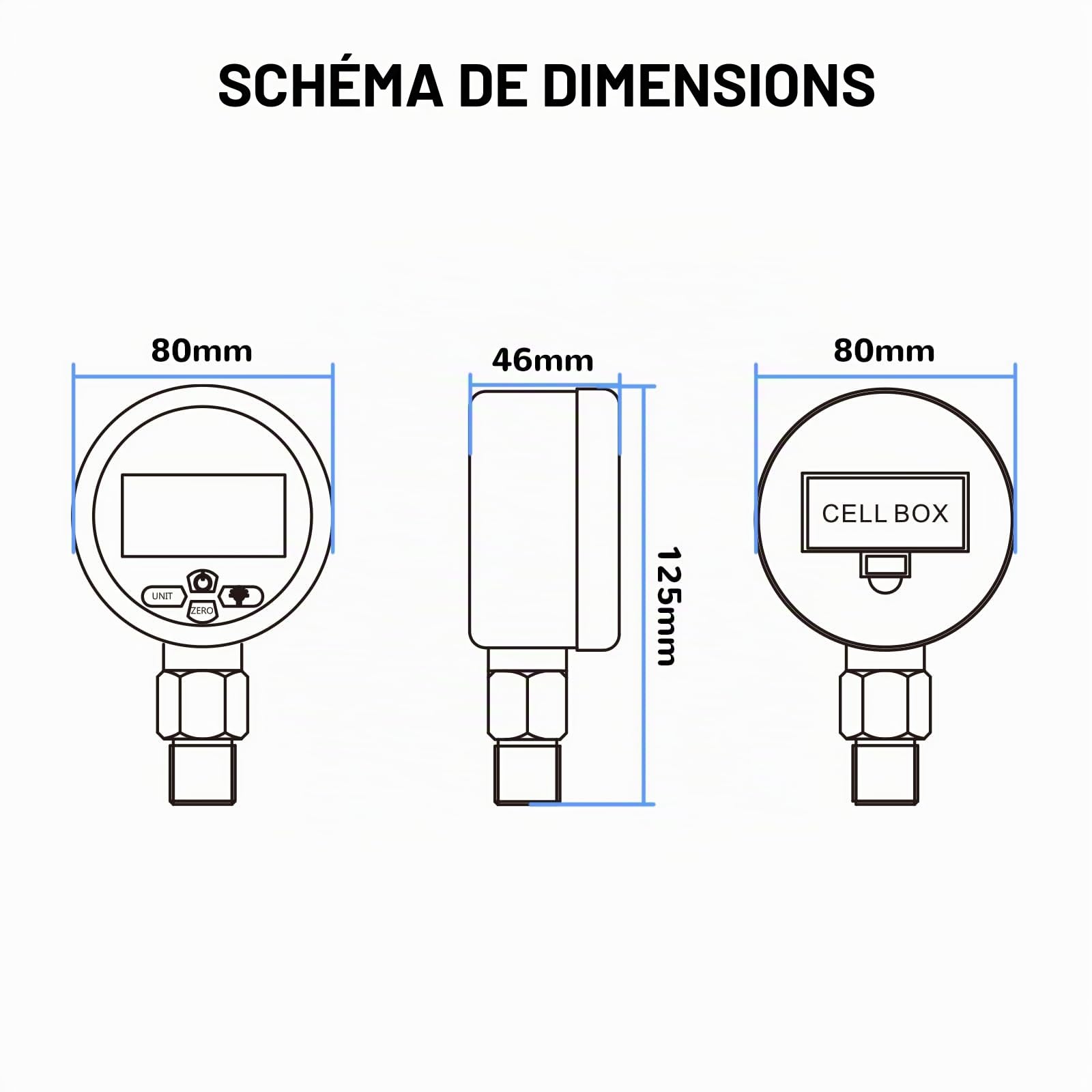 Manomètre hydraulique industriel numérique, cadran 80 mm, raccord inférieur G1/4", boîtier et raccord en acier inoxydable, 0-700 bar, précision 0,4%, alimenté par batterie, avec éclairage LED