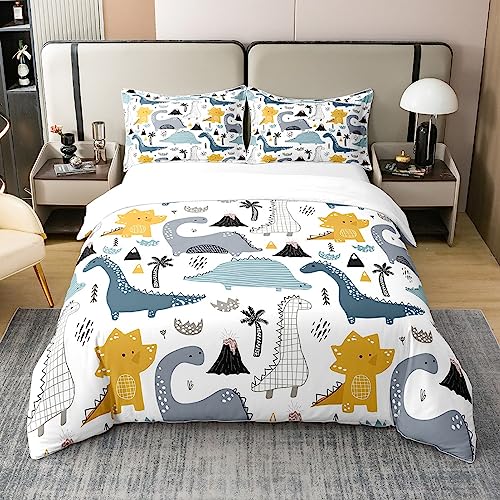 Loussiesd Dinosaur 100% Cotton Duvet Cover King Size 3D Digital Print Cotton Jungle Dino Decor Bedding Set Wild Animal Wildlife Blue White