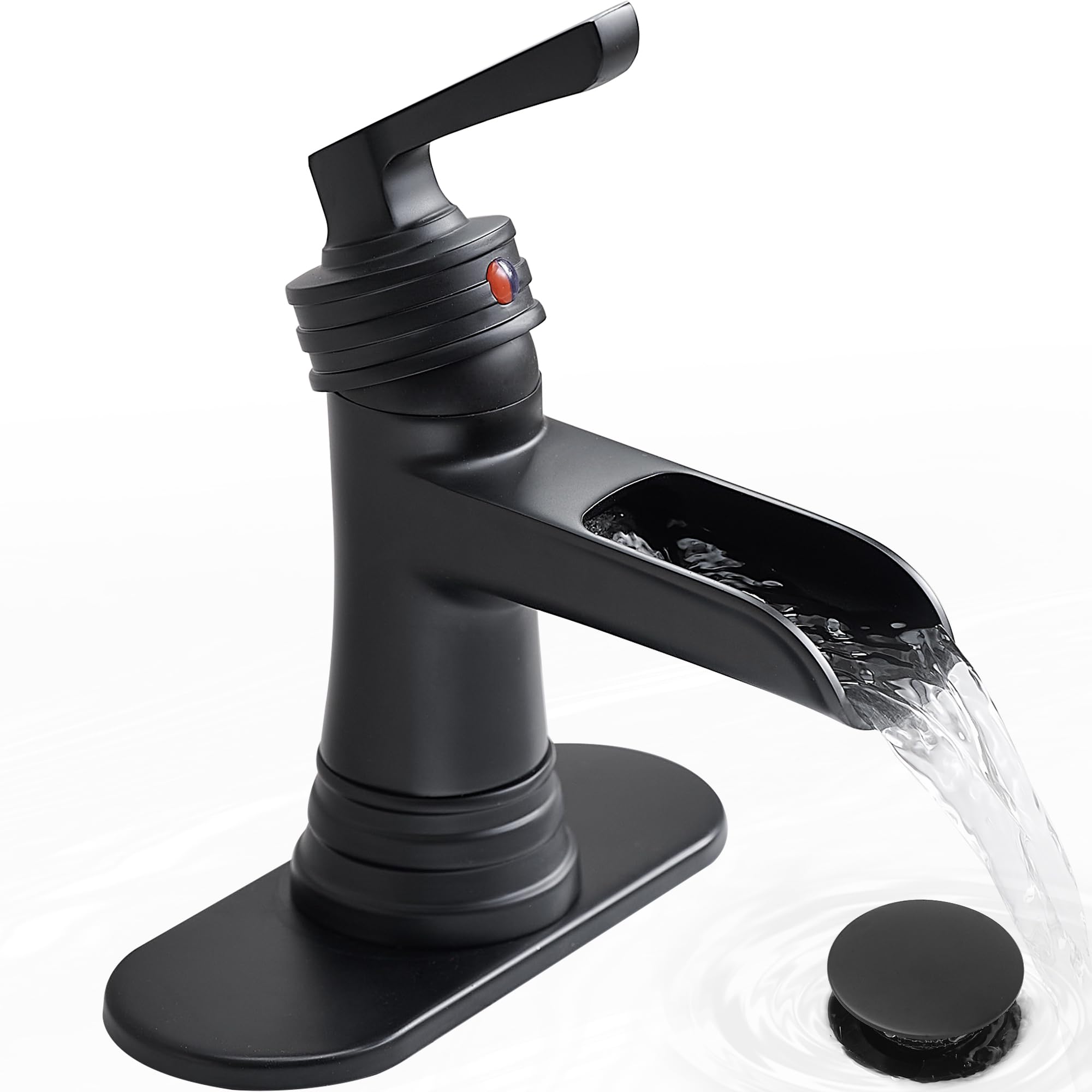 Matte Black Bathroom Faucet 1 Hole Brass Waterfall Bathroom Faucets 3 Hole 4 Inch Single Handle with Pop-up