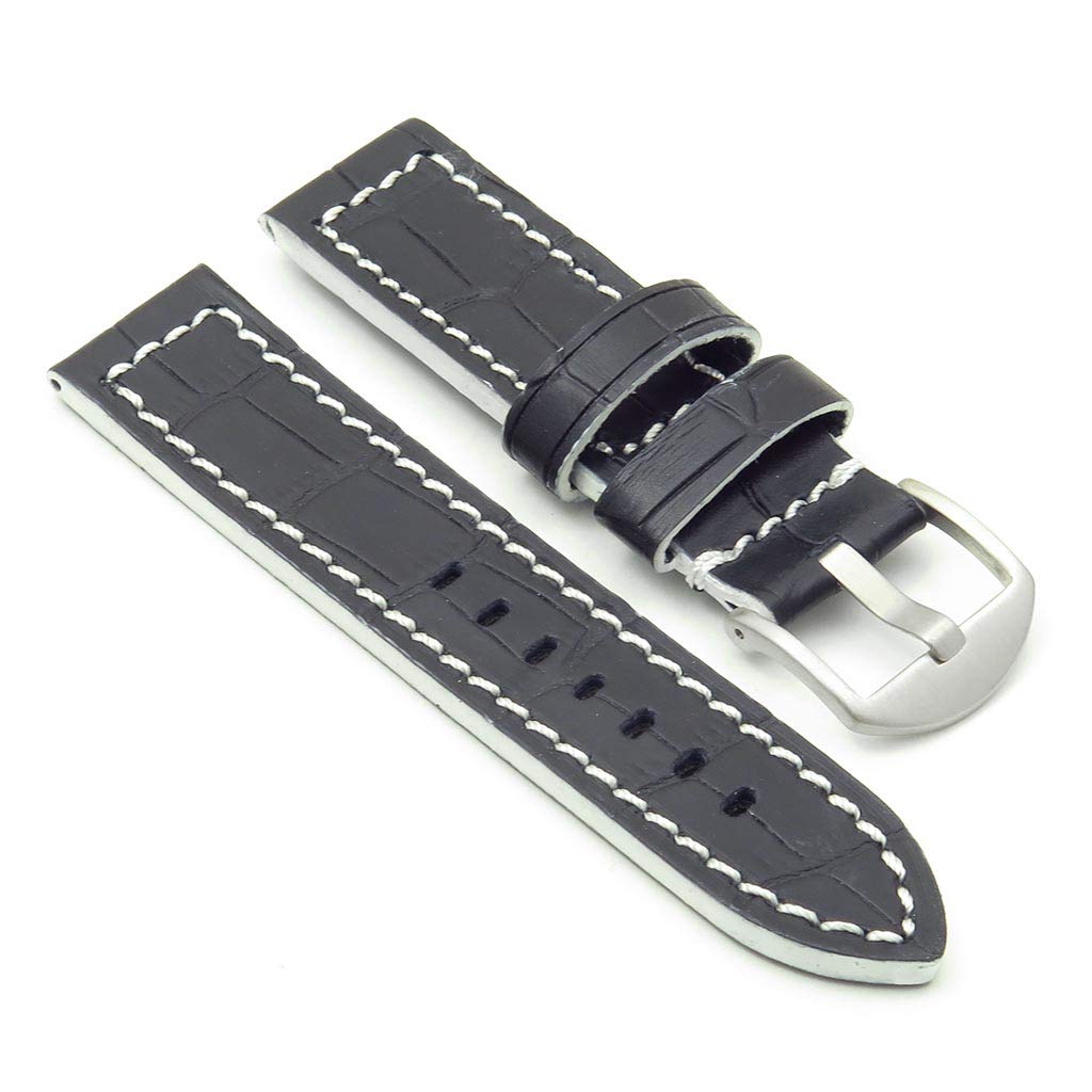 DASSARI Flash Thick Crocodile Embossed Rally Leather Watch Band Strap with Contrast Stitching - Black & White - 22mm