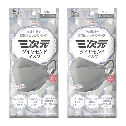 【2個セット】興和 三次元ダイヤモンドマスク フリーサイズ 5枚入 (グレー)