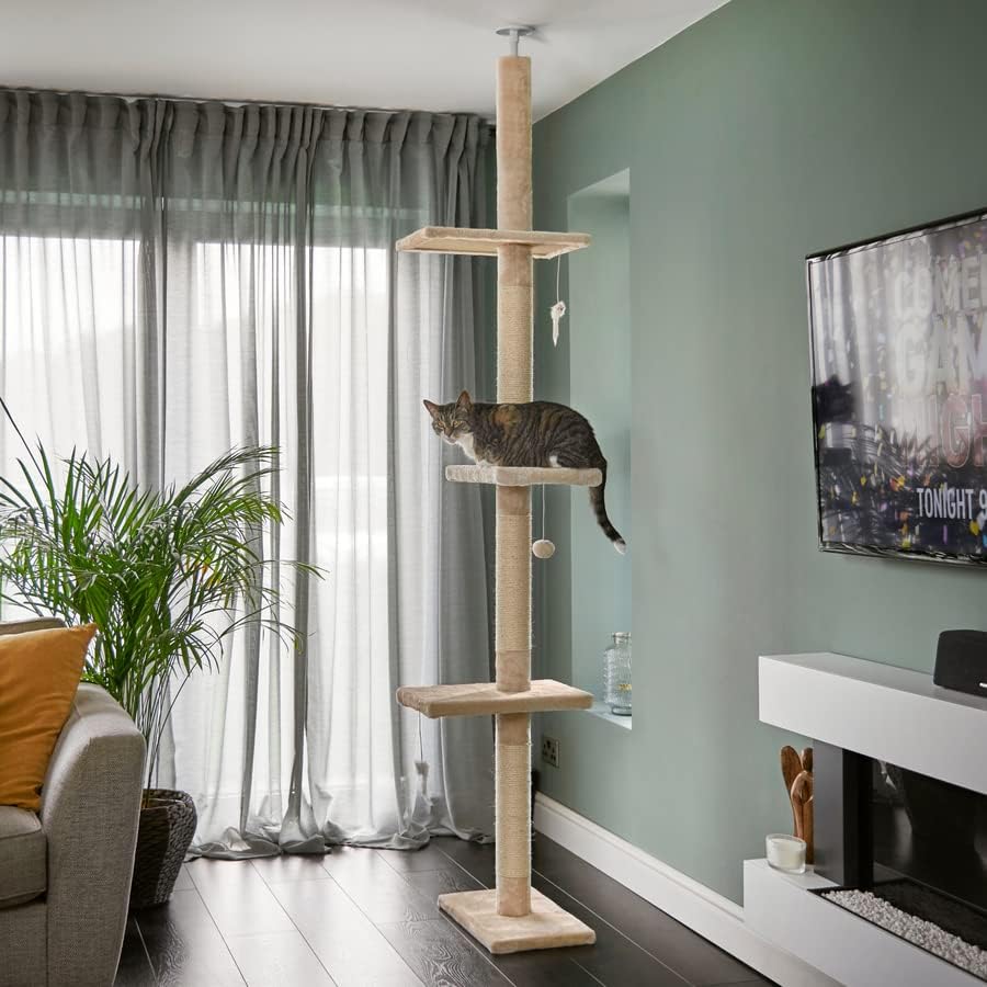Runesol Reinforced Cat Tree 240-288cm Floor to Ceiling, Tall Ceiling to Floor Tower, Beige Cat Tree Scratching Post Floor to Ceiling Pole with Large Reinforced Platforms and Wall Bracket for Stability