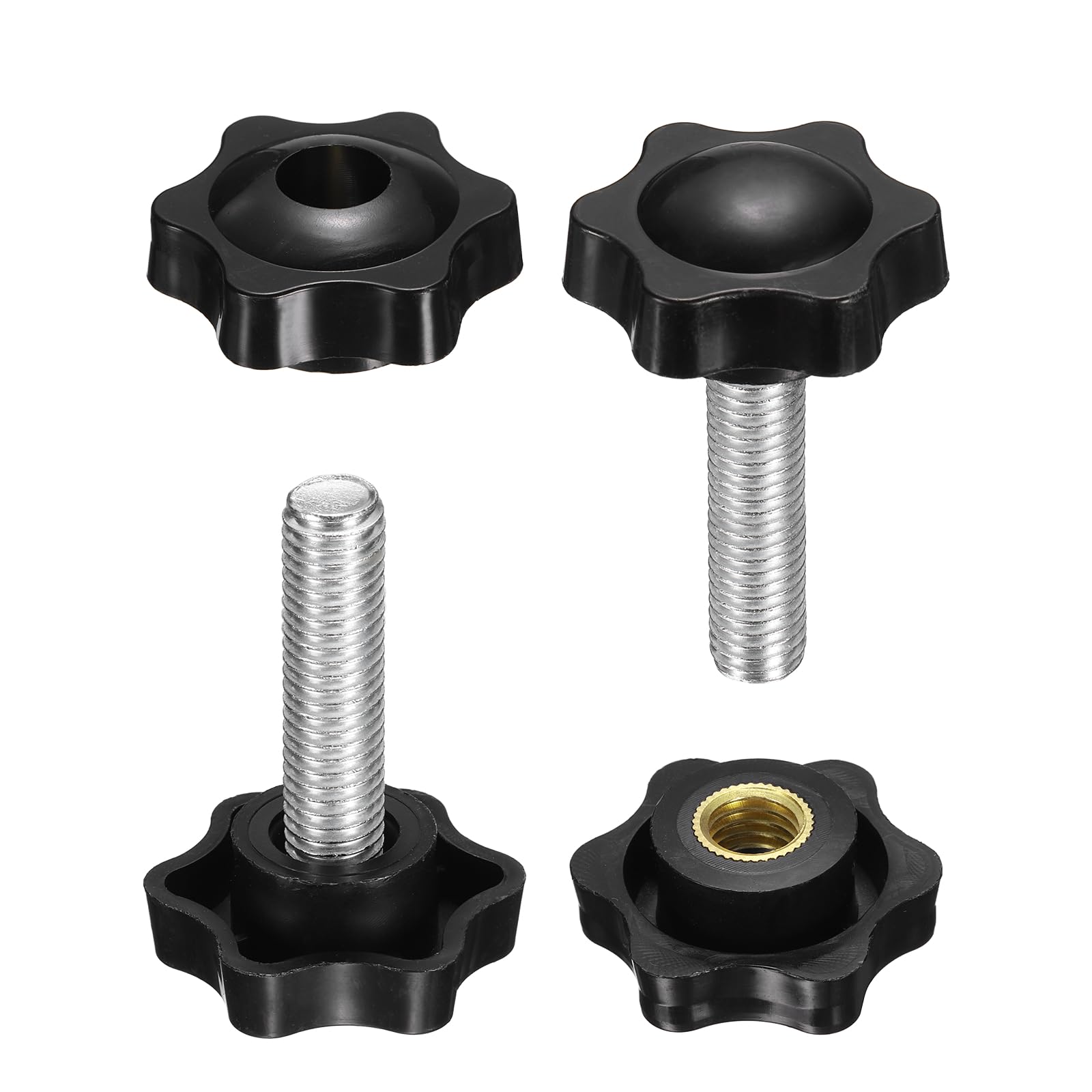 sourcing map 2 Set Star Knobs M10 x 50mm Male + M10 Female Thread 38mm Head Metric 6-Star Threaded Stud Clamping Handles Screw in Through Hole Hand Jig Knob Thumb Screws, Black