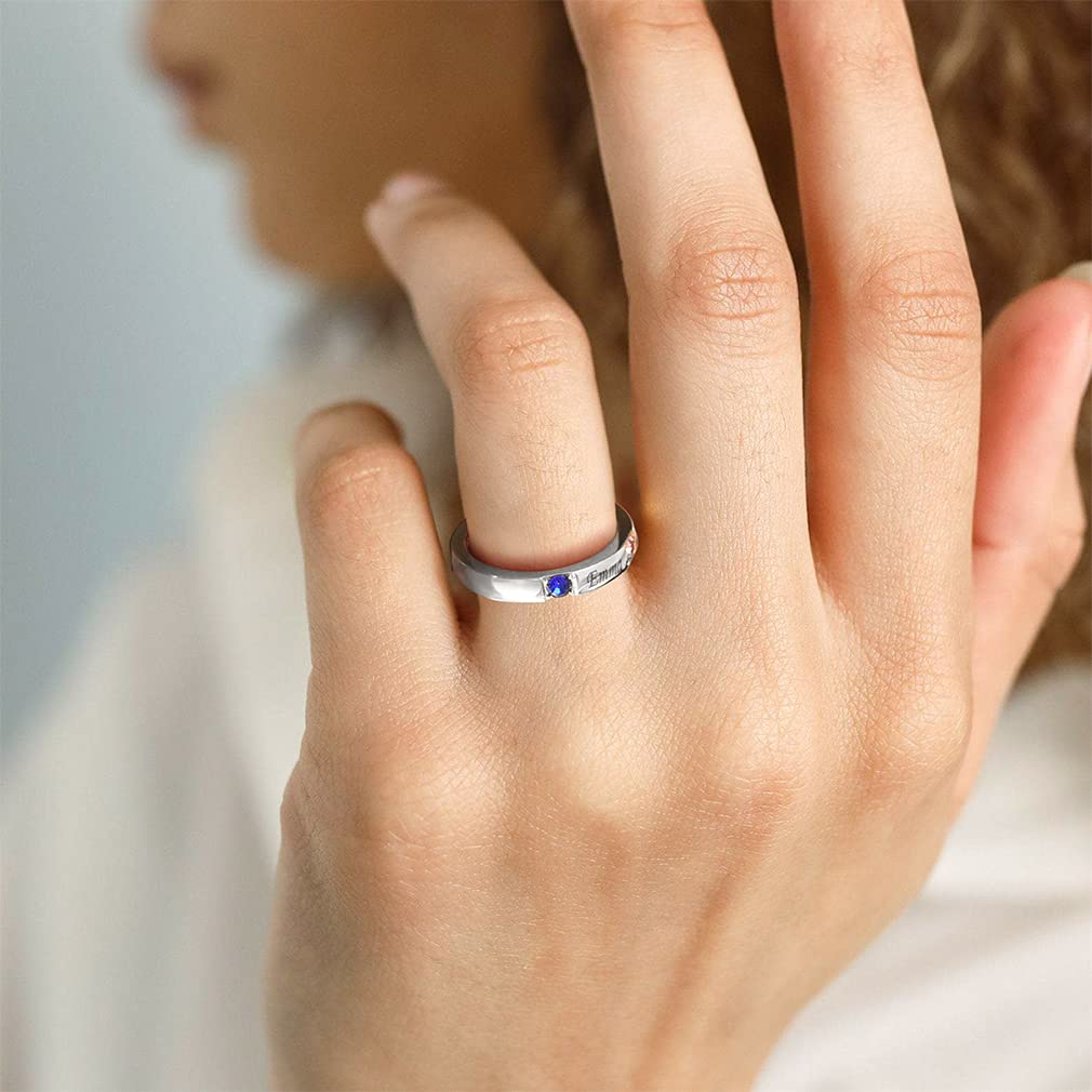Custom4U Personalizado Anillo Fino de Compromiso Plata de Ley 925 con 1/2/3/4 Piedras de Cumpleaños y Nombres Grabados Joyería Delicado de Promesa y Día Valentín Regalo para Parejas Talla 5-11