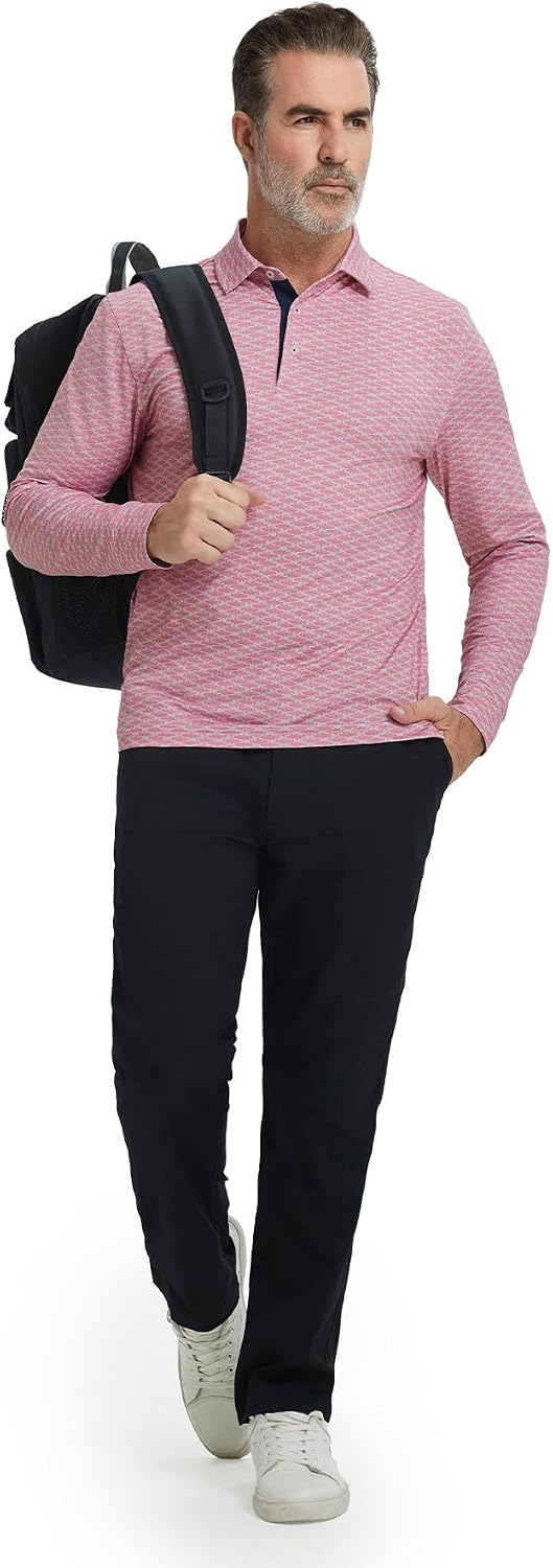 M MAELREG Golf Shirts for Men Dry Fit Performance Moisture Wicking Casual Print Collared Long Sleeve Polo Shirts for Men