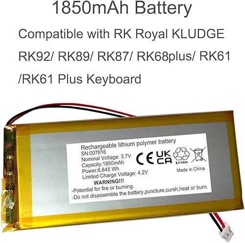 AOLIKES 1850mAh Battery Replacement for RK Royal KLUDGE RK92/ RK89/RK87/RK68plus/RK61/RK61 Plus Wireless Mechanical Keyboard