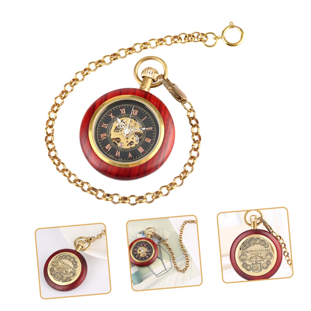 GALPADA Reloj de Bolsillo Mecánico Vintage Cadena, Diseño con Números Romanos de Madera y Aleación, Fácil de Transportar y Almacenar, Obsequio Práctico para Eventos Formales