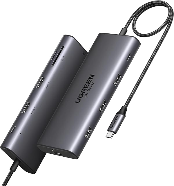UGREEN Revodok Pro USB C Docking Station 2HDMI, Ethernet, 4x porty USB C/USB A, szybkie ładowanie PD 100W, czytnik kart SD/TF Hub USB C 10 w 1