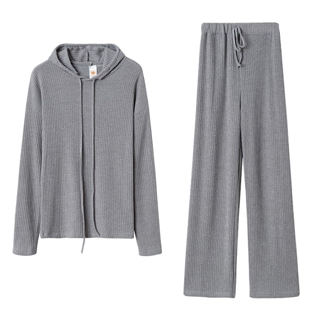 2-Piece Leisure Suit For Women Solid Color Long Sleeved Hooded Top And Pants Sports Set Leisure Autumn Set (S) (Grey)