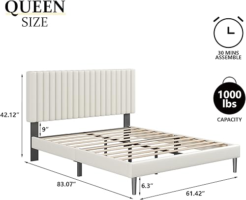 Miniatura 2 de Base de cama tamaño Queen con cabecera acolchada tapizada en terciopelo; cama plataforma con resistentes listones de madera; base para colchón;