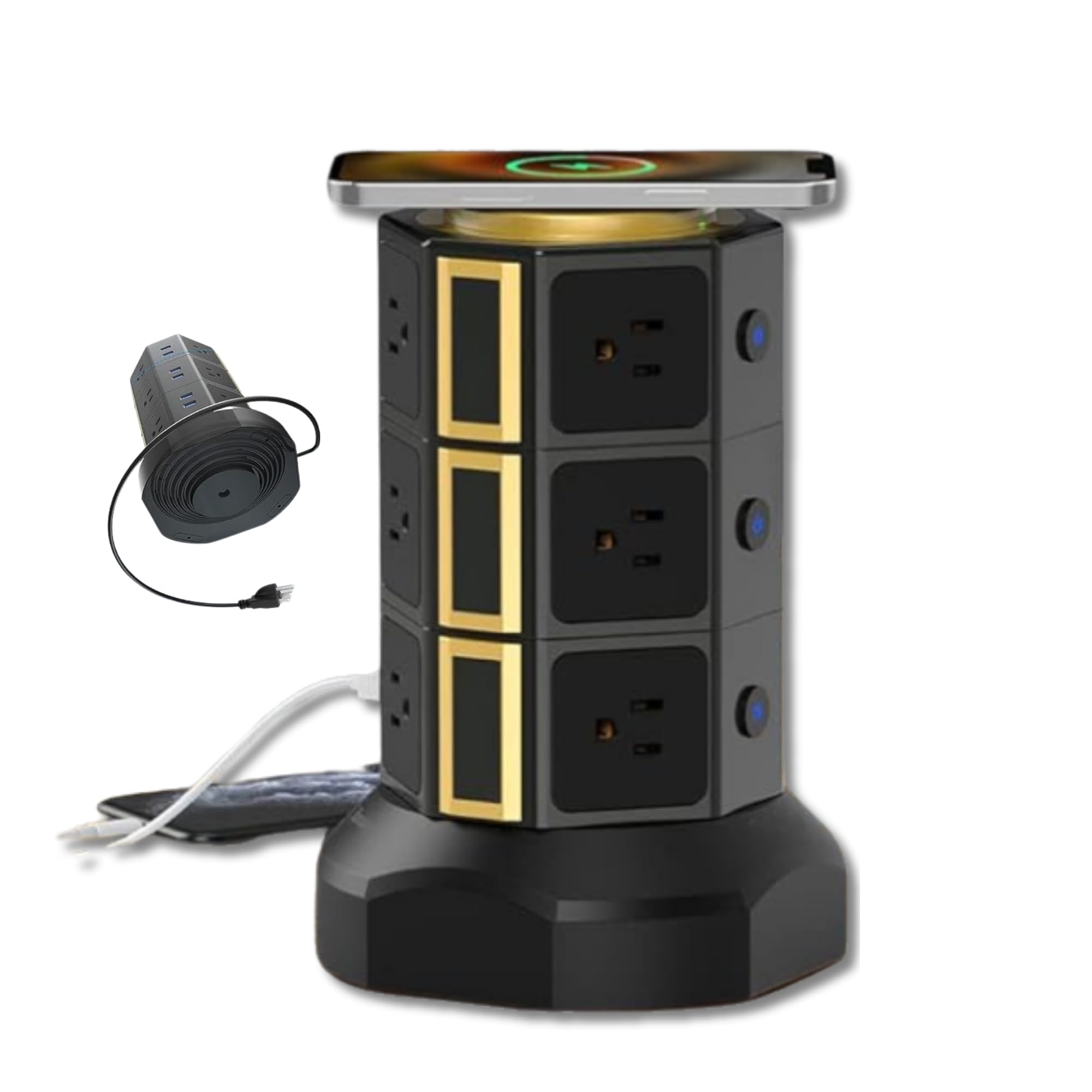 Surge Protector Power Strip Tower -Power Tower Outlet with USB Ports -Extension Cord with Multiple Outlets - 12 Multi Outlet Extension, 4 USB Socket & 6.5ft Cord for Desk Organizers and Accessories