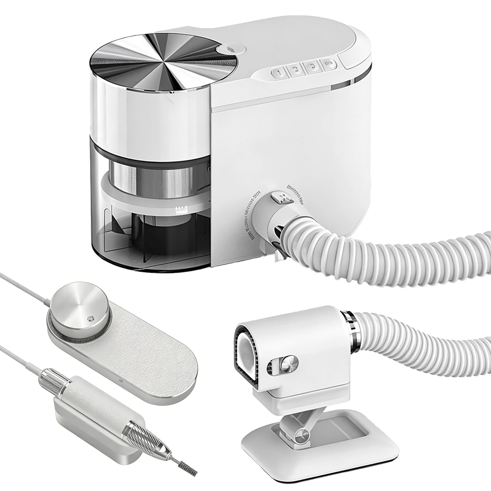 Taladro de Uñas y Aspirador de Polvo, Aspiradora Eléctrica para Uñas, Motor Sin Escobillas de 3500 RPM, ≤60 dB Ultra Silencioso, Taldro de Uñas Recargable con Brocas Metálicas White