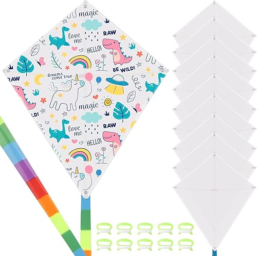 Cometas en blanco para niños, cometas a granel para decoración de bricolaje para colorear, kit de manualidades con 10 empuñaduras con cuerda de 98