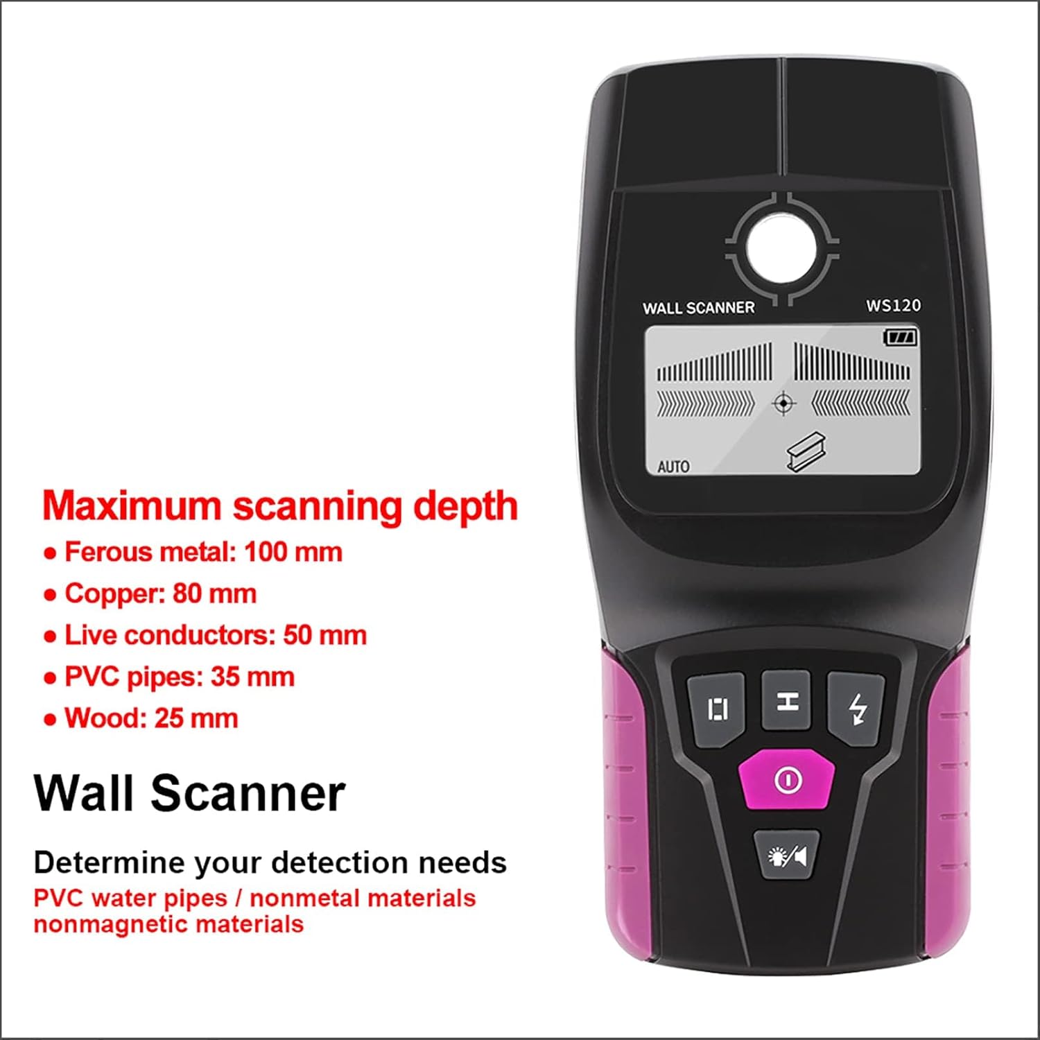 Wall Scanner, Cable Wire Depth Tracker, Metal Detector, with LCD Display, Backlight/Alarm, Auto Mode, for Metal Detection, Wire Detection, Wood Testing