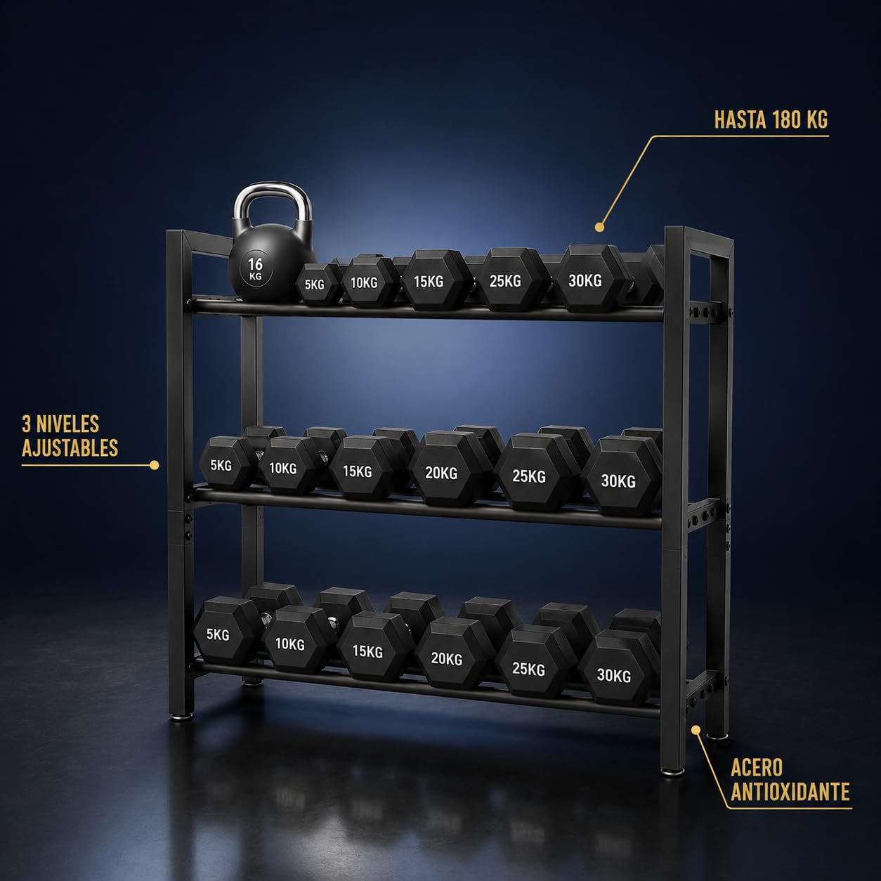 Soporte Mancuernas 3 Niveles, Soporte para Pesas Ajustable de Acero - Mancuernero hasta 180 kg, Organizador Gimnasio en Casa, 80x80x25 cm