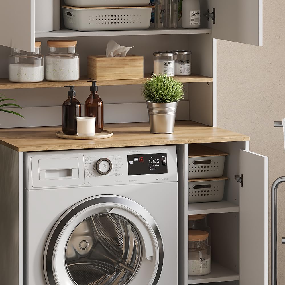 Vicco Armoire Machine à Laver Viktor, Blanc/Artisan, 93.6x88.2cm | 2 pièces avec étagère, convient pour le rangement de lessive et de serviettes
