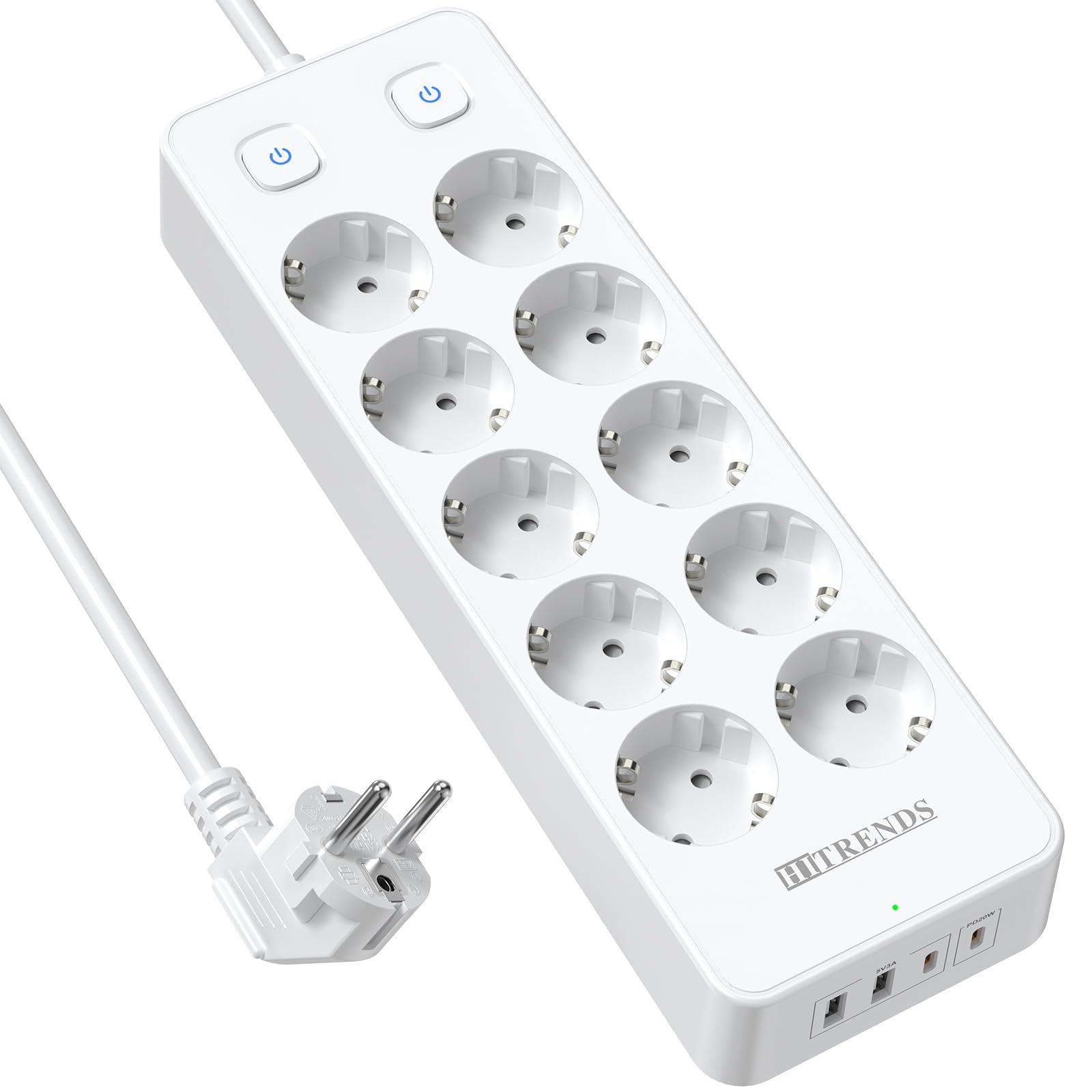 Regleta con interruptor, regleta de 10 enchufes con protección contra sobretensiones, 2 puertos USB A y 2 USB-C (20 W PD), regleta de 2 m de cable para el hogar, la oficina (blanco)