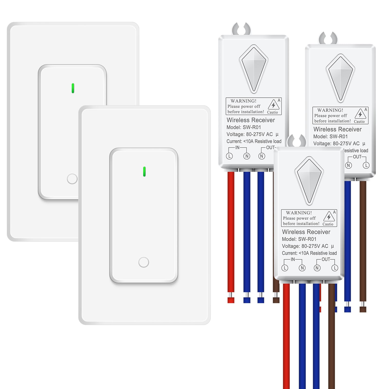 NineLeaf Wireless Light Switch and Receiver Kit,Remote Wall Switch No Wiring Needed,1300FT RF Range for 1000W LED Lights,Ceiling Lights,Fans,IP66 Waterproof for Bathroom,2SW+3REV