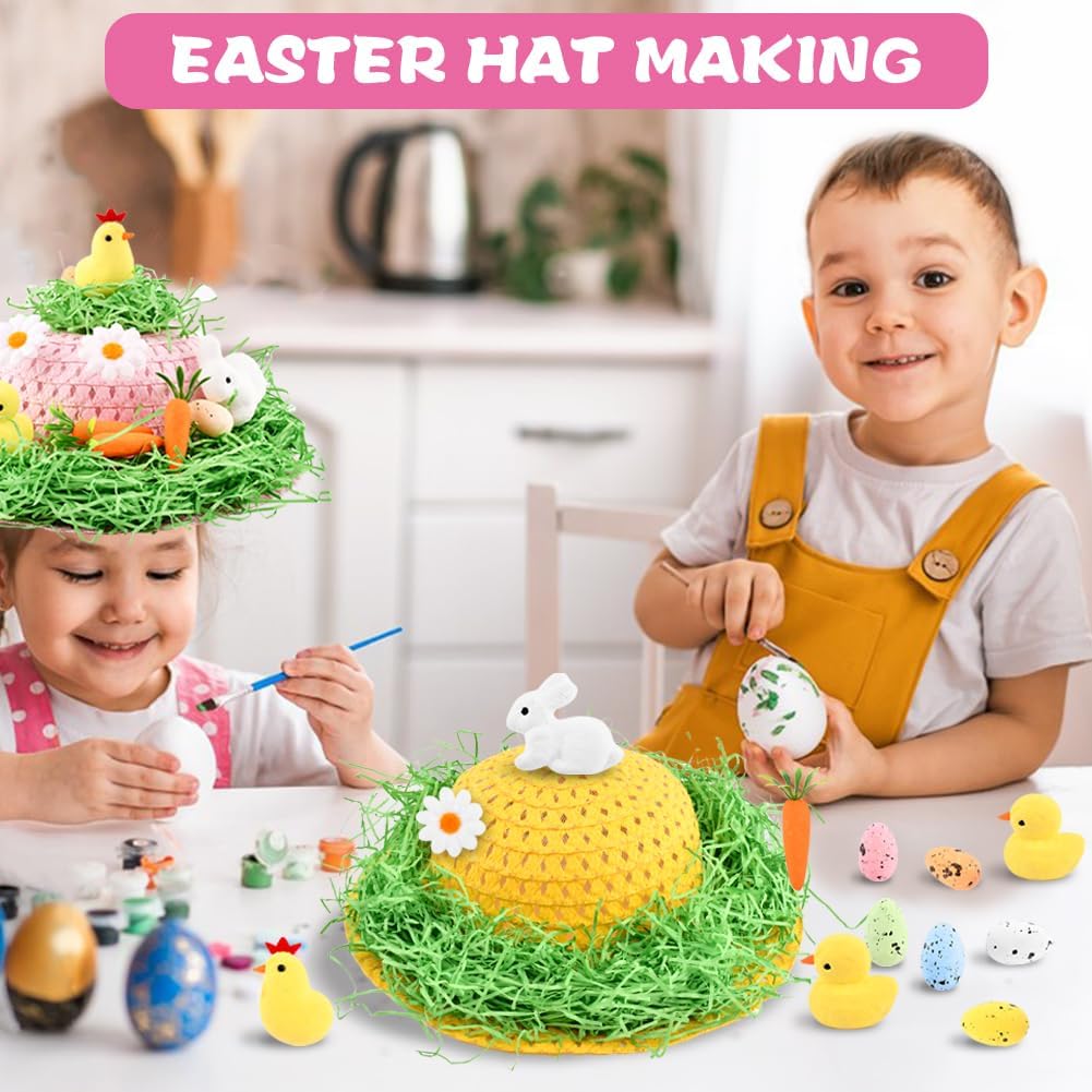 46pcs Easter Bonnet DIY Craft Kit - Make Your Own Straw Hat with Bunnies, Chicks, Carrots, Eggs, Nests, Grass & Flowers Decorations | Perfect Children's Birthday & Easter Gift
