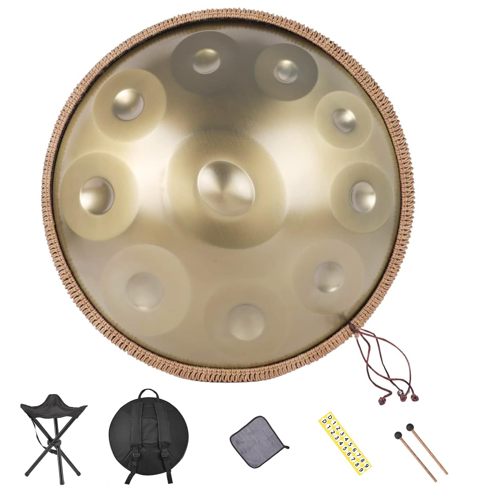 Handpan - 22 Inches D Minor 10 Notes 440Hz Steel Hand Drum for Adults With Soft Bag, Mallet and Stand - Harmonic Percussion for Sound Healing, Personal Meditation, Yoga (Gold)