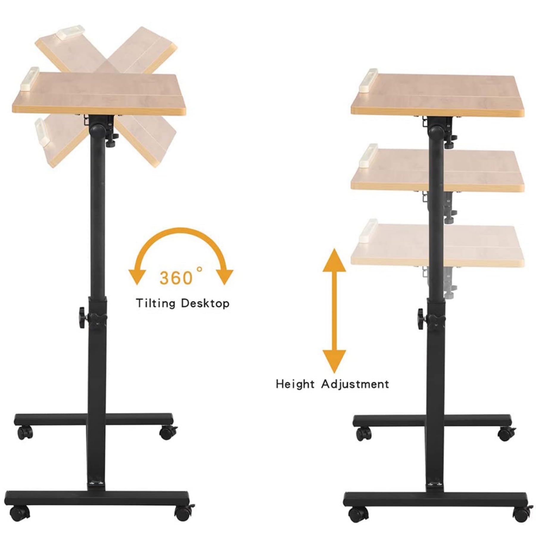 Table de Lit pour Ordinateur Portable à Roulettes - Bureau D'ordinateur Réglable et Pliable avec Rotation 360° - H x l x P: 60 *34.5 *58-90cm, Couleur Bois