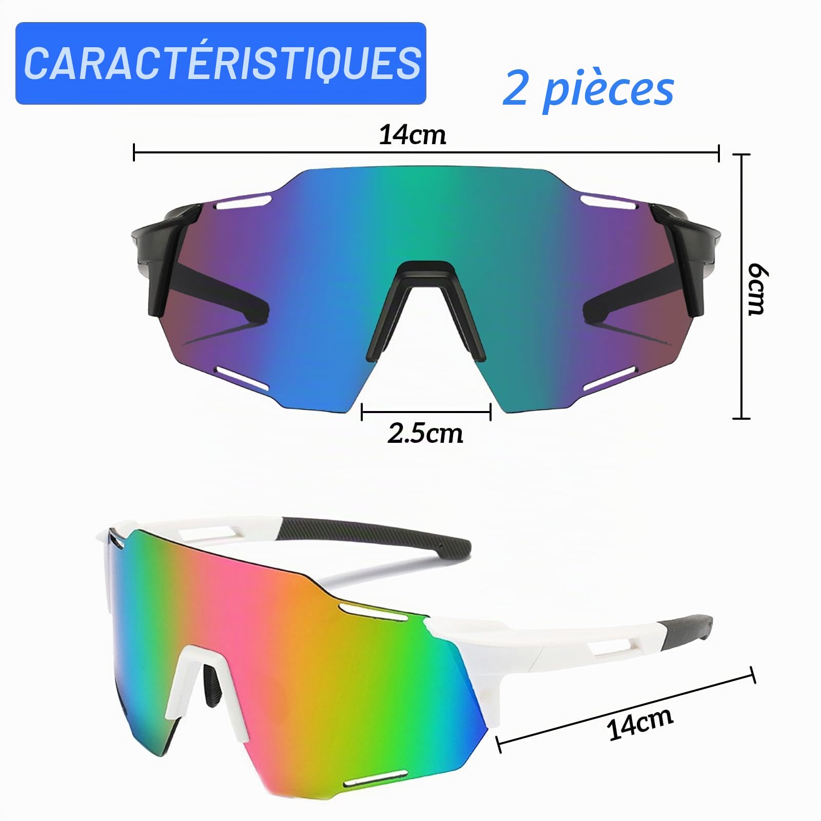 Lot de 2 Lunette de Soleil Sport Pour Homme et Femme, Lunettes de Vélo Polarisées, Protection UV400, pour Course à Pied Cyclisme Pêche Conduite Golf Ski
