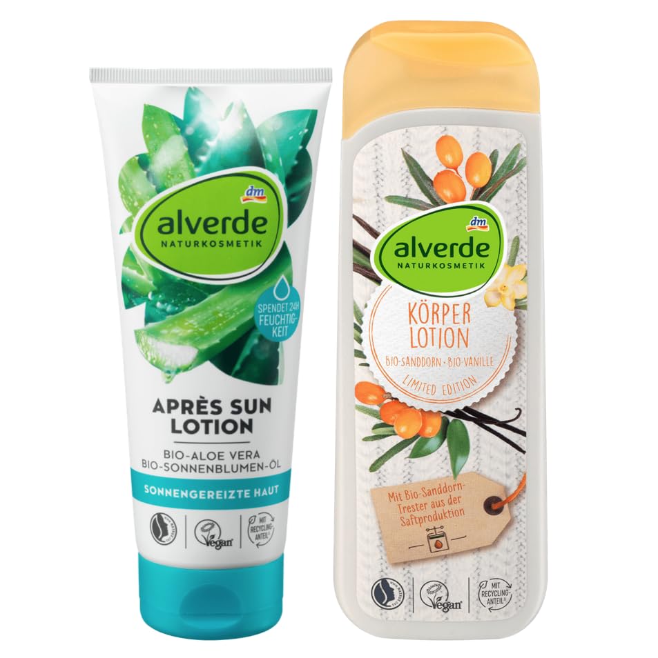 alverde NATURKOSMETIK 2er-Set Hautpflege: AFTER SUN Lotion Aprs Sun Aloe  Vera Feuchtigkeit fr sonnengereizte Haut (200 ml) + Bodylotion mit  BIO-SANDDORN & BIO-VANILLE Krperlotion (250 ml), 450 ml : Amazon.de:  Kosmetik
