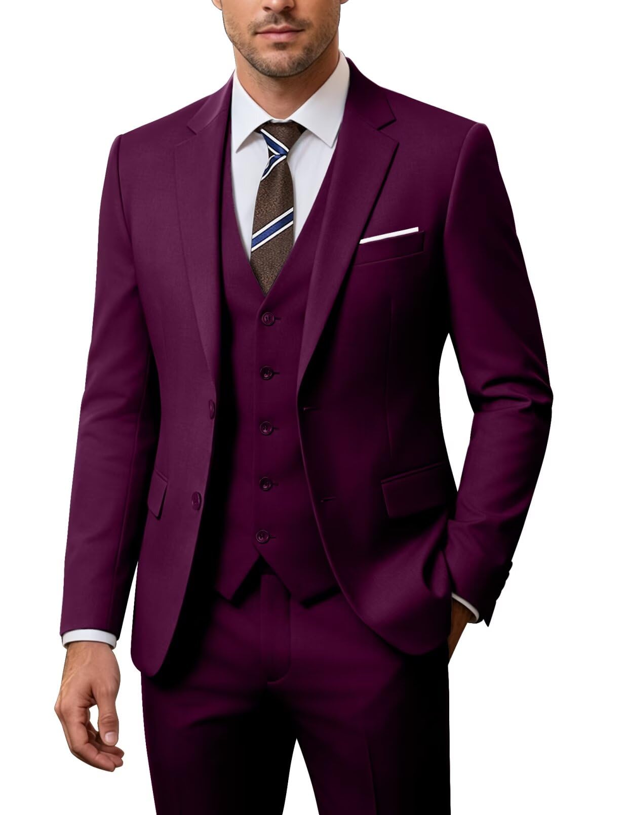 Men's 3 Piece Slim Fit Suit Set, Jacket Vest and Pants for Men