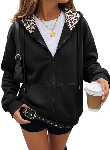 Dokotoo Women's Zip Up Hoodies Long Sleeve Leopard Hooded Sweatshirt